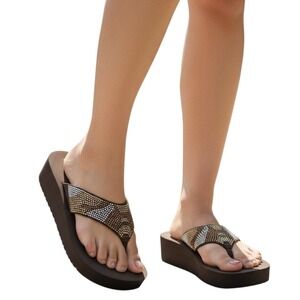 West Loop Womens Brown Studded Platform Wedge Flip Flops Sandals Size L 9-10 NEW
